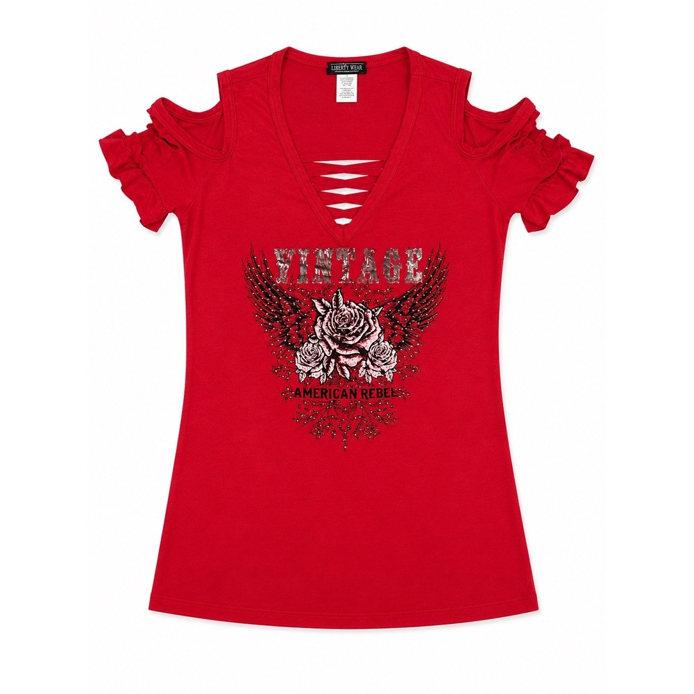 Liberty Wear Red Cold Shoulder American Rebel Graphic Tee Caged V-Neck NWT LG